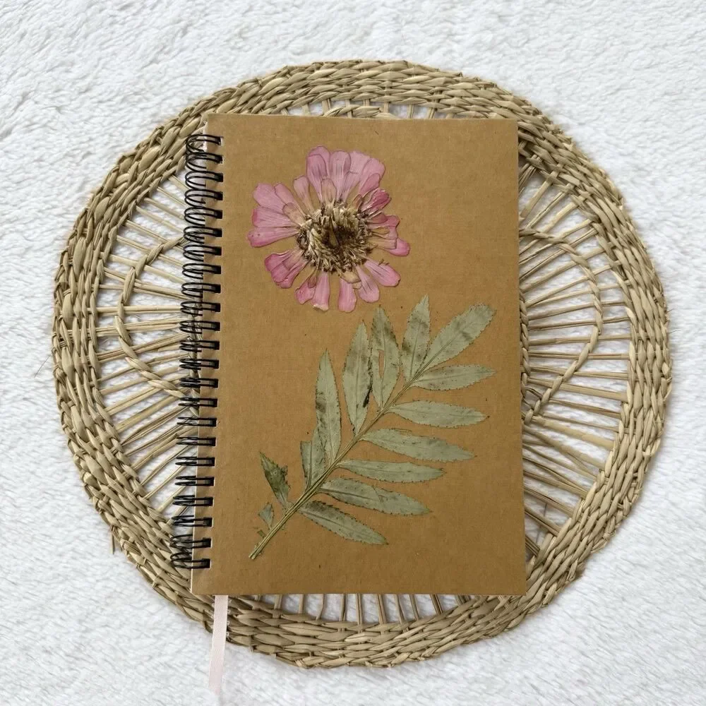 Handmade Dried Pink Flower Notebook With Bookmark A5 Unlined 60 Sheets 120 Pages